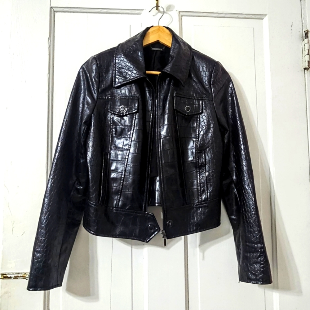 ELIE TAHARI CROCODILE BLACK LEATHER MOTO JACKET-SIZE M